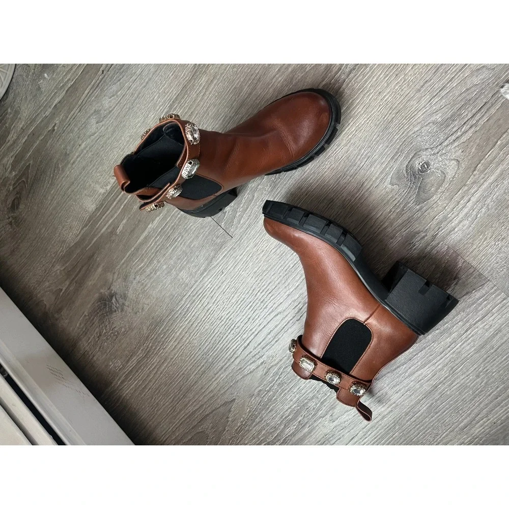 Steve Madden Brown Leather Jeweled Strap Lug Sole Chelsea Boots Chunky  size 7